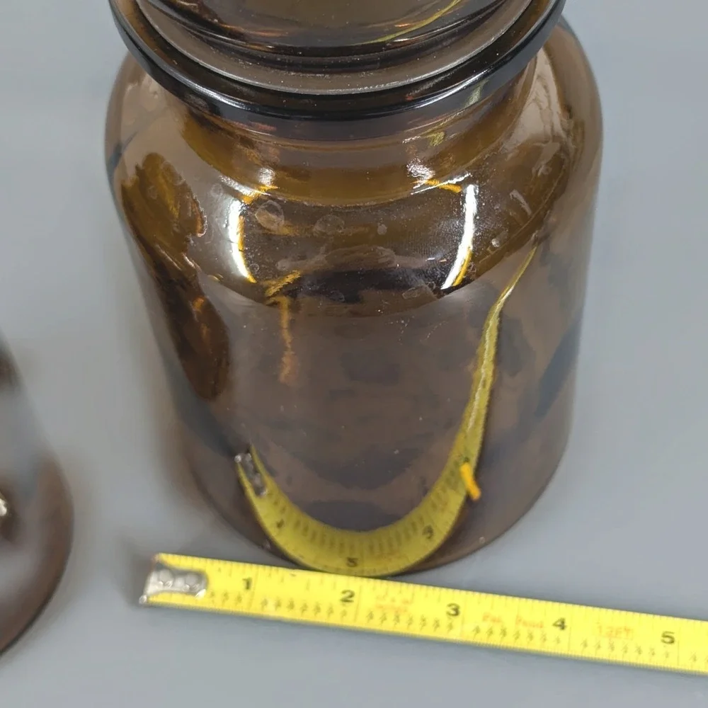 Vintage Amber Glass Apothecary Jar Set Bubble Top Stopper Mid Century Modern
